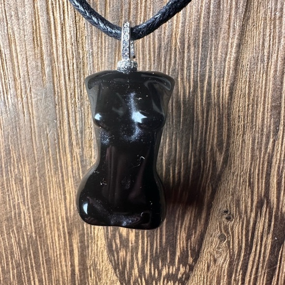 Jewelry - Black Obsidian Lady Body Pendant Necklace on Black Rope, Sterling Silver Bail